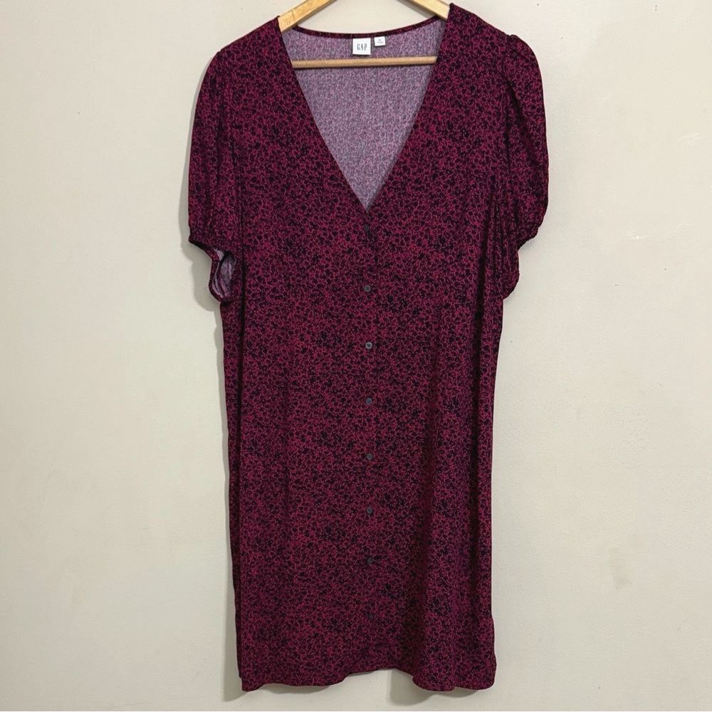Gap V-Neck Puff Sleeve Button Down Shift Dress Pink Floral size XL Cottagecore